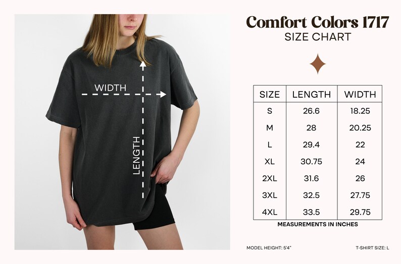 May include: A charcoal gray short-sleeve t-shirt with a size chart labeled Comfort Colors 1717. The chart lists lengths and widths in inches for sizes S through 4XL, with arrows on the shirt indicating where length and width are measured.