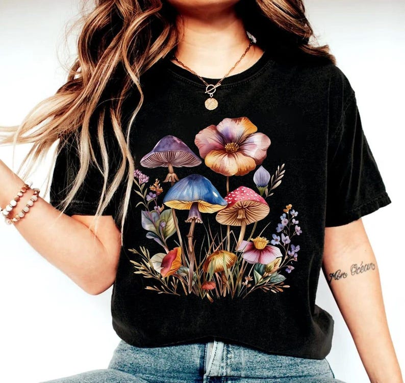 Mushroom Wildflower Shirt, Wild Flower,Cottagecore Shirt, Pop, Mushroom, Botanical Mushroom t, Mushroom and Floral Shirt,Botanical Tee Shirt image 3