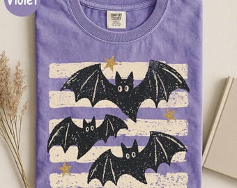 Comfort Colors® Vintage Bat Halloween T-Shirt, Retro Spooky Season Tee, Fall Top, Boho Witchy Goth Apparel, Cute Oversized Cottagecore Gift
