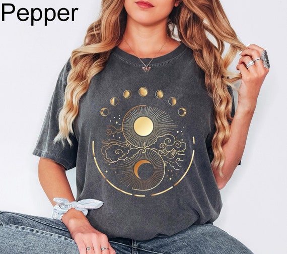 Comfort Colors® Mystical Moon Phase Shirt, Celestial Shirt, Boho Mystical Moon And Sun Tee, Boho Moon, Spiritual Moon Women Clothing Gifts