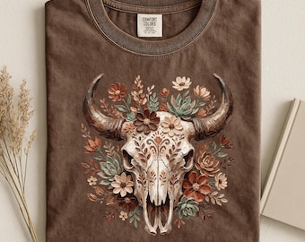 Comfort Colors®Boho Cow Skull Shirt, Western Graphic Tee, Bull Skull Shirt,Cowgirl Tshirt, Cowboy Shirt,Country Girl Shirt,Western Clothing