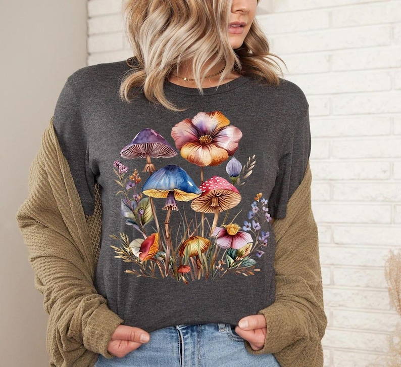Mushroom Wildflower Shirt, Wild Flower,Cottagecore Shirt, Pop, Mushroom, Botanical Mushroom t, Mushroom and Floral Shirt,Botanical Tee Shirt image 7