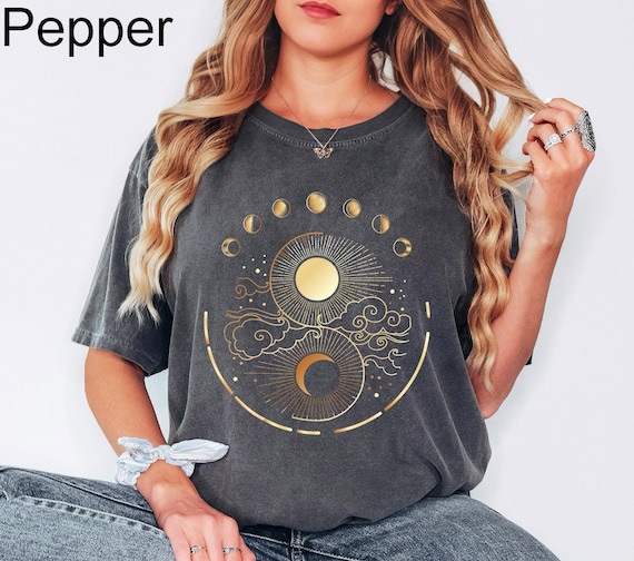 Comfort Colors® Mystical Moon Phase Shirt, Celestial Shirt, Boho Mystical Moon And Sun Tee, Boho Moon, Spiritual Moon Women Clothing Gifts