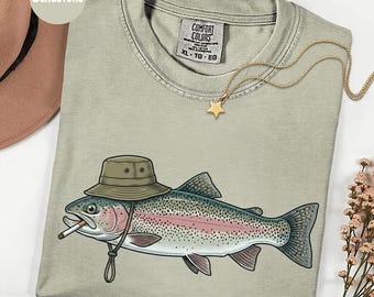 Comfort Colors® Smoking Trout Shirt, Funny Rainbow Fish Bucket Hat Tee, Ironic Fishing Meme Graphic Top, Weird Outdoors Angler Gift