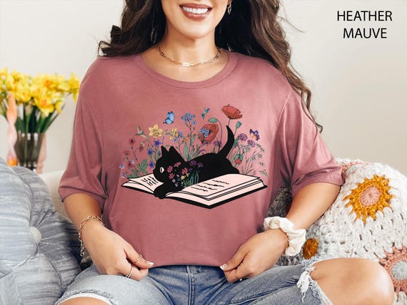 Floral Cat Shirt, Cat Lover Shirt, Cat Book Shirt, Cat Lover Gift, Gift for Her, Cat Mom Shirt Gift, Cute Cat Shirts, Cute Book Cat Shirt
