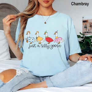 May include: Light blue t-shirt with the text "just a silly goose" and a graphic of four geese wearing hats and dresses. The geese are in various colors, including blue, yellow, and pink.