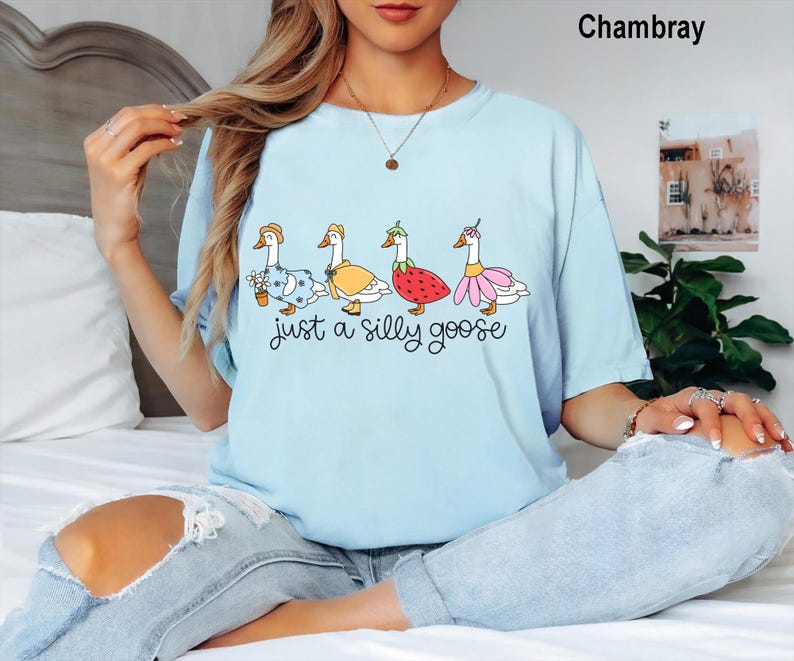 May include: Light blue t-shirt with the text "just a silly goose" and a graphic of four geese wearing hats and dresses. The geese are in various colors, including blue, yellow, and pink.