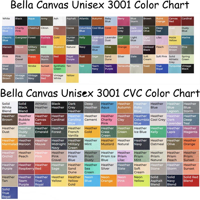 May include: A Bella Canvas Unisex 3001 colour chart and a Bella Canvas Unisex 3001 CVC colour chart. These charts display a grid of numerous small coloured squares, each labelled with its specific colour name, representing the available fabric options.