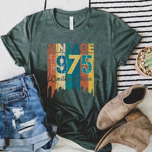 May include: A green t-shirt with the text "VINTAGE 1975 Limited Edition" in a colorful design. The shirt is paired with blue denim shorts, brown shoes, and a small potted cactus.
