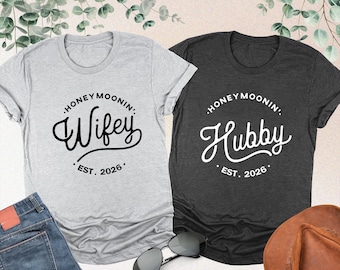 Wifey Hubby Last Name & EST. Year Personalized, Honeymoon Shirts, Couples Shirts, Honeymoon Shirt, Husband Wife Shirt, Just Married T-Shirts