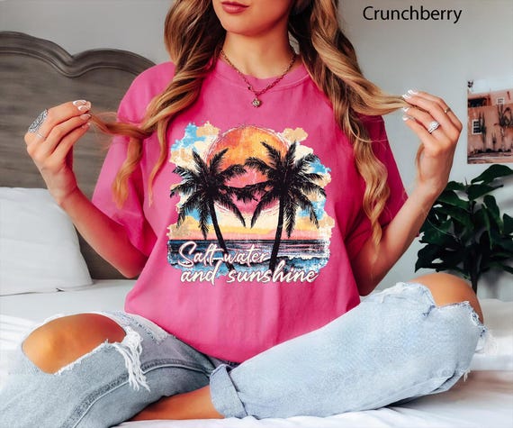 Comfort Colors® Salt Water and Sunshine T-shirt,Salty Mom,Trendy Summer Shirts,Beach Tee,Retro Beach Girl Shirt,Palm Tree Shirt,Sunset Shirt