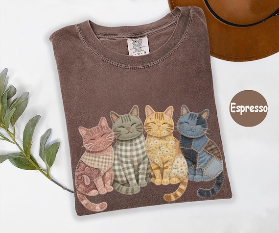 Comfort Colors® Patchwork Cats Shirt, Cute Cat Graphic Tee, Vintage Quilt Style T Shirt, Cat Lover Gift, Cozy Animal Illustration Tee