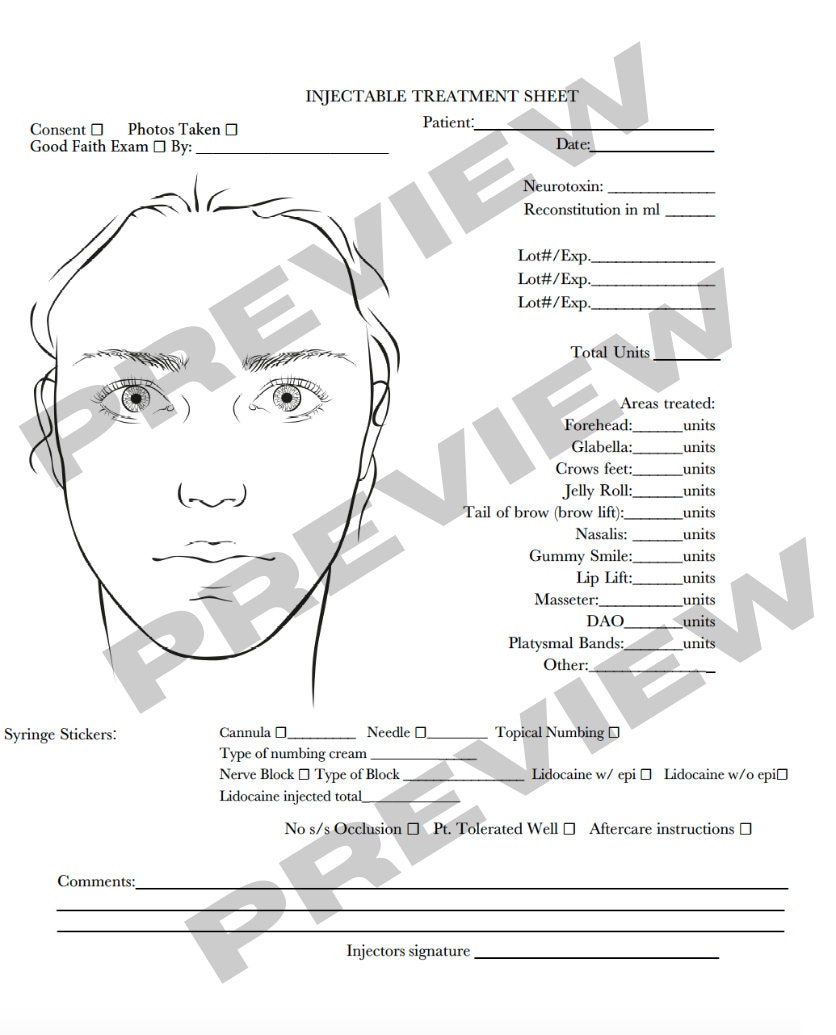 Single Injection Form Neurotoxin/filler Injection Treatment Form + Good Faith Exam Template ...