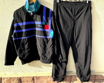 Vintage Fila Multicolored / Ganzer Trainingsanzug / 90s / Grösse 38 / Sport / Outdoor / Fitness / Athletisch / Schwarz / Authentisch / Selten