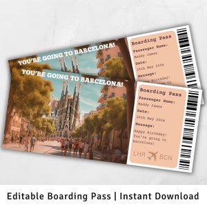 Carte d'embarquement pour Barcelone, voyage surprise à Barcelone, billet d'avion, modèle de carte d'embarquement surprise, carte d'embarquement imprimable, voyage en Espagne