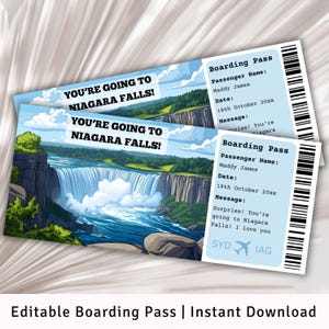 May include: Editable printable boarding pass with a cartoon image of Niagara Falls. The text on the pass says "You're going to Niagara Falls!" and includes a message that says "Surprise! You're going to Niagara Falls! I love you".