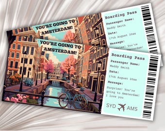 Tarjeta de embarque Amsterdam, Viaje sorpresa a Amsterdam, Plantilla de tarjeta de embarque sorpresa, Vas a Amsterdam, Billete de avión, Países Bajos