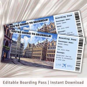 Carte d'embarquement à Bruxelles, voyage surprise à Bruxelles, modèle de carte d'embarquement surprise, vous allez à Bruxelles, voyage en Belgique, billet d'avion