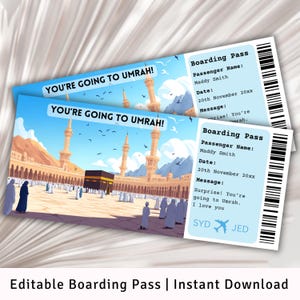 Carte d'embarquement de la Omra, Modèle de carte d'embarquement surprise, Voyage à la Omra, Carte d'embarquement imprimable, Billet d'avion, Révélation surprise d'Arabie saoudite