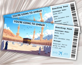 Tarjeta de embarque para la Umrah, plantilla de tarjeta de embarque sorpresa, viaje a la Umrah, tarjeta de embarque imprimible, billete de avión, revelación sorpresa de Arabia Saudita