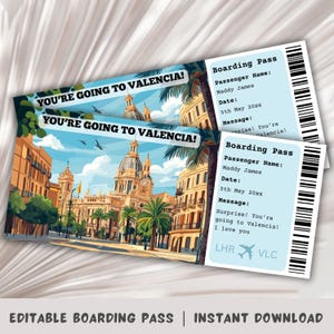 Carte d'embarquement pour Valence, Modèle de carte d'embarquement surprise, voyage à Valence, carte d'embarquement imprimable, billet d'avion, voyage en Espagne, voyage en Europe