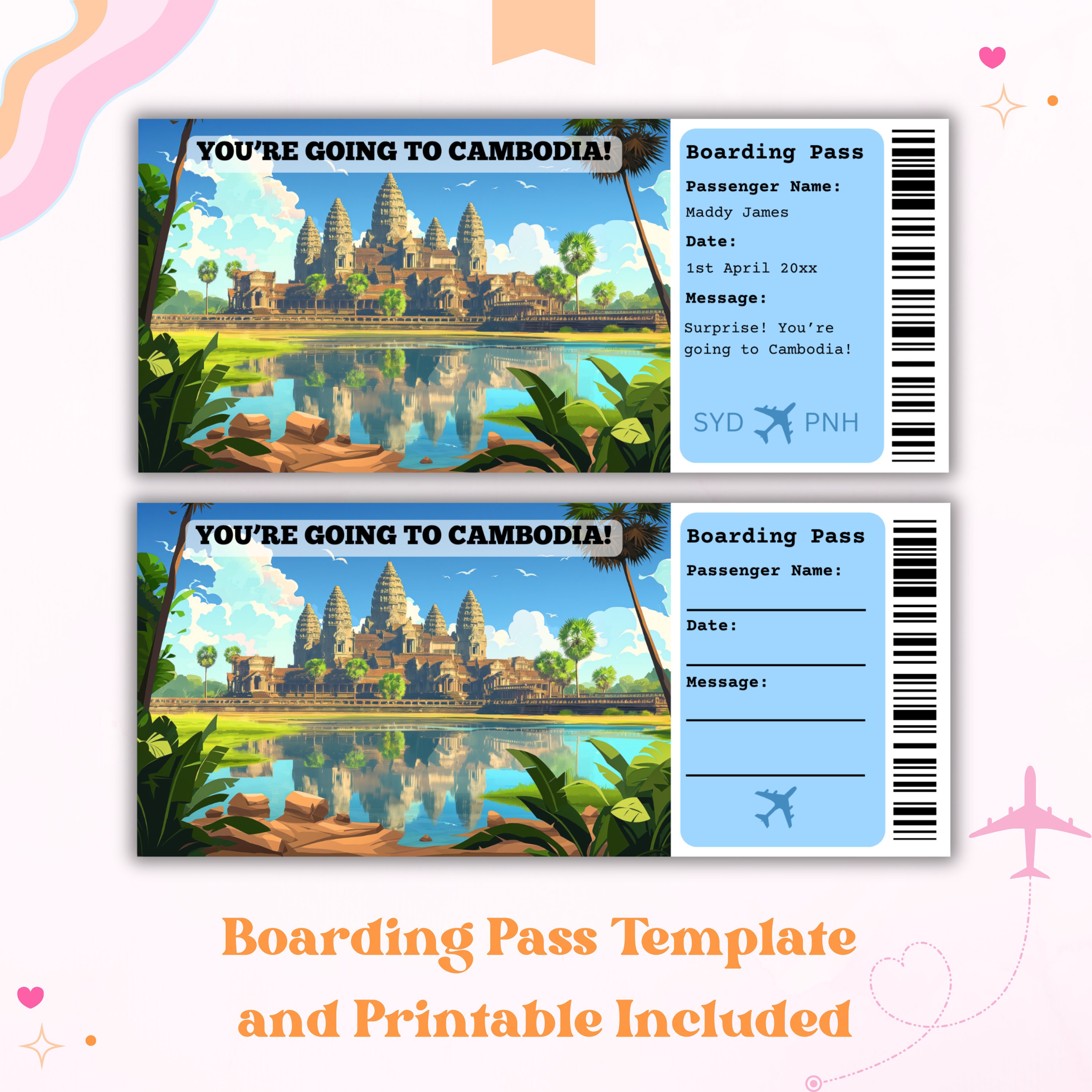Boarding Pass Cambodia, Surprise Boarding Pass Template, Cambodia