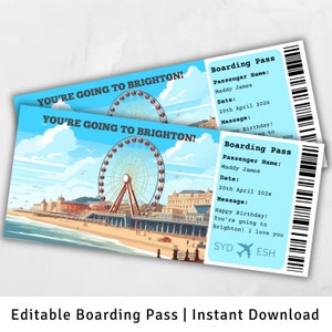 Carte d'embarquement pour Brighton, voyage surprise à Brighton, billet d'avion, modèle de carte d'embarquement surprise, carte d'embarquement imprimable, voyage en Angleterre