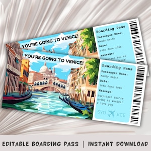 Carte d'embarquement pour Venise, voyage surprise à Venise, modèle de carte d'embarquement surprise, vous allez à Venise, billet d'avion à imprimer, voyage en Italie