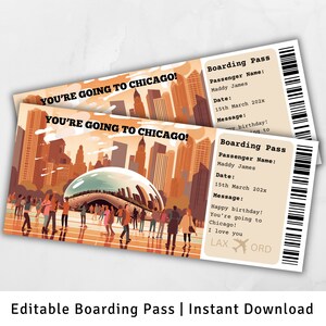 Carte d'embarquement pour Chicago, modèle de carte d'embarquement surprise, vous allez à Chicago, carte d'embarquement imprimable, voyage à Chicago, embarquement modifiable