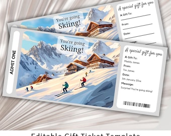 Skiing Gift Ticket, Snow Trip Voucher, Surprise Ticket Reveal, Surprise Ticket Template, Surprise Skiing Ticket, Winter Sports, Ski Lodge