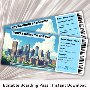 Op de afbeelding: Een bewerkbare, afdrukbare instapkaart met een afbeelding van de skyline van Boston. De tekst "You're going to Boston!" staat bovenaan de kaart. De instapkaart heeft velden voor de naam van de passagier, de datum en een bericht. Onderaan de kaart staan de luchthavencodes LAX en BOS.