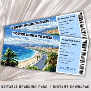 Carte d'embarquement Nice, voyage surprise à Nice, modèle d'embarquement surprise, vous allez à Nice, embarquement à imprimer, billet d'avion, voyage en France