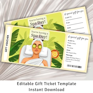 Spa Day Gift Voucher, Spa Gift Ticket Template, Surprise Ticket Reveal, Massage Voucher, Day Spa Gift Voucher, Birthday Voucher, Coupon