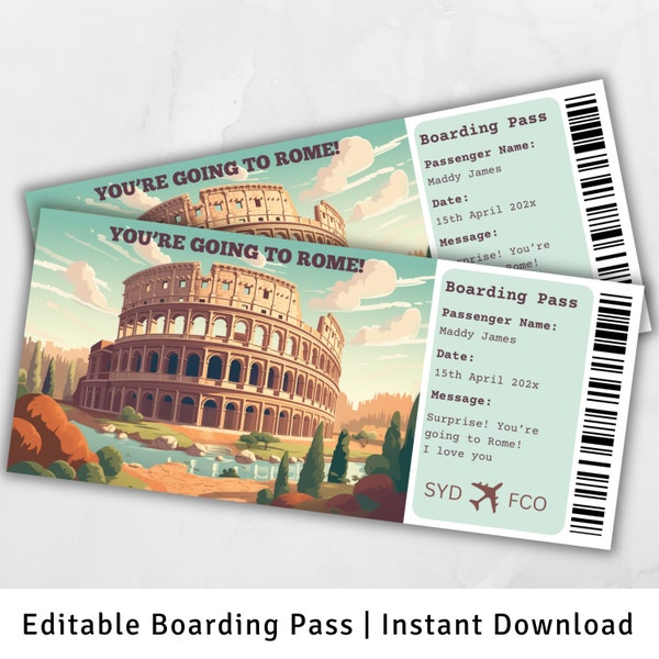 Boarding Pass Rome, Surprise Trip to Rome, Surprise Boarding Pass Template, You're going to Rome, Printable Boarding Pass, Flight Ticket