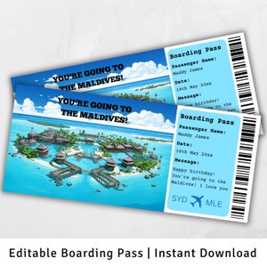 Carte d'embarquement pour les Maldives, Modèle de carte d'embarquement surprise, voyage aux Maldives, carte d'embarquement imprimable, billet d'avion, Vous allez aux Maldives