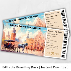 Carte d'embarquement pour Cracovie, voyage surprise à Cracovie, modèle de carte d'embarquement surprise, voyage en Pologne, carte d'embarquement à imprimer, billet d'avion