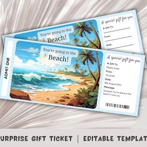 Boleto de regalo para la playa, Vale de regalo para viaje sorpresa, Revelación de boleto sorpresa, Regalo sorpresa para vacaciones, Plantilla de boleto, Consejo de playa, Vacaciones en la playa
