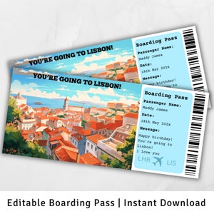 Carte d'embarquement pour Lisbonne, voyage surprise à Lisbonne, modèle d'embarquement surprise, vous allez à Lisbonne, carte d'embarquement à imprimer, voyage au Portugal