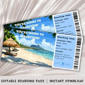 Carte d'embarquement pour l'île Maurice, voyage surprise à l'île Maurice, modèle de carte d'embarquement surprise, vous allez à l'île Maurice, carte d'embarquement imprimable