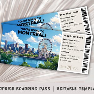 Carte d'embarquement pour Montréal, modèle modifiable de carte d'embarquement surprise, vous allez à Montréal, carte d'embarquement imprimable, voyage au Canada, Québec