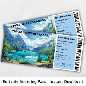 Boarding Pass Canada, voyage surprise au Canada, modèle de carte d'embarquement surprise, vous allez au Canada, carte d'embarquement imprimable, voyage au Canada