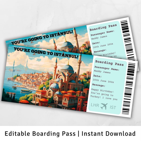 Boarding Pass Istanbul, Surprise Trip to Istanbul, Surprise Boarding Pass Template, Boarding Pass Gift, Flight Ticket, Download, Turkey