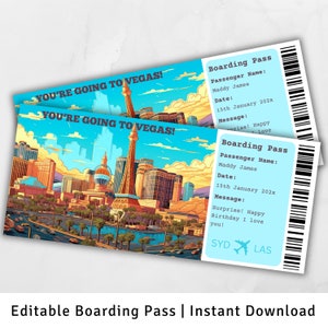 Carte d'embarquement Las Vegas, voyage surprise à Las Vegas, modèle de carte d'embarquement surprise, vous allez à Las Vegas, carte d'embarquement imprimable