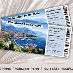 Boarding Pass Antalya, Modèle de carte d'embarquement surprise, voyage à Antalya, carte d'embarquement imprimable, voyage en Turquie, billet d'avion, Turquie surprise