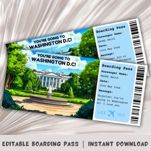Carte d'embarquement pour Washington DC, modèle de carte d'embarquement surprise, voyage à Washington DC, embarquement à imprimer, billet d'avion, voyage à la Maison Blanche