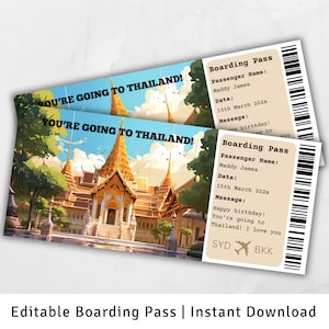Tarjeta de embarque para Tailandia, Plantilla de tarjeta de embarque sorpresa, Viaja a Tailandia, Tarjeta de embarque imprimible, Viaje a Phuket, Viaje a Bangkok
