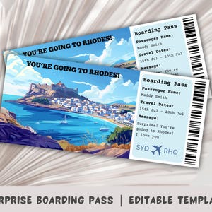 Carte d'embarquement pour Rhodes, voyage surprise à Rhodes, modèle de carte d'embarquement surprise, vous allez à Rhodes, billet d'avion imprimable, voyage en Grèce