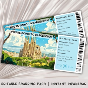 Carte d'embarquement pour Barcelone, voyage surprise à Barcelone, billet d'avion, modèle de carte d'embarquement surprise, carte d'embarquement imprimable, voyage en Espagne