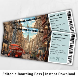 Carte d'embarquement pour l'Écosse, voyage surprise en Écosse, modèle de carte d'embarquement, carte d'embarquement imprimable, billet d'avion, cadeau, voyage à Édimbourg