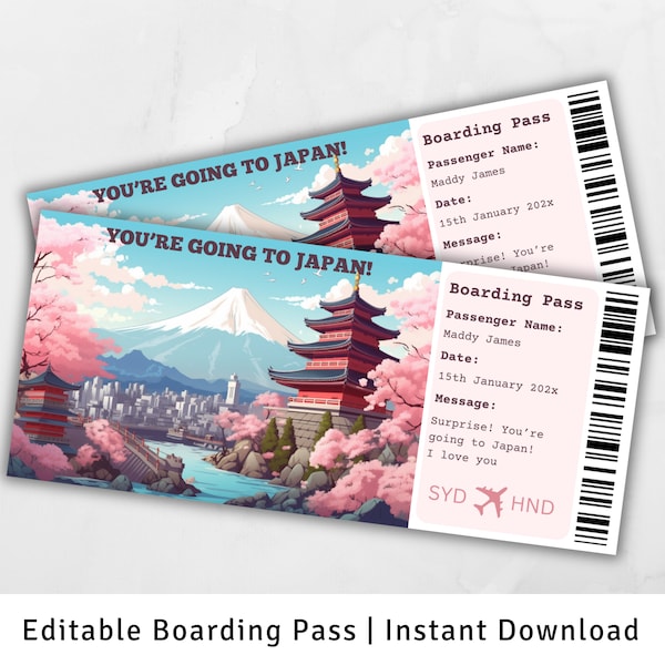 Boarding Pass Japan, Surprise Trip to Japan, Surprise Boarding Pass Template, You're going to Japan, Printable Boarding Pass, Flight Ticket